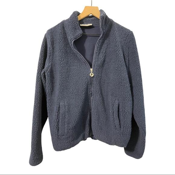 Fila Womens Navy Blue Zip Up Logo Sherpa Size Medium - Picture 1 of 4